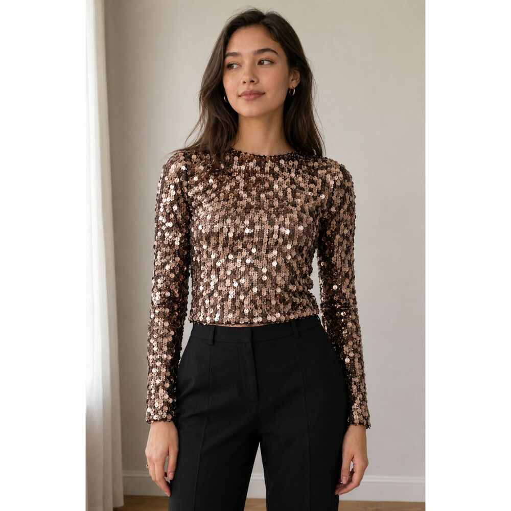 NWT DKNY Jeans Copper Crop Sequin Top Womens Size Large
